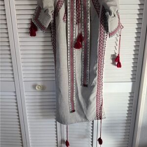 Gray Dress with Red Embroidery and Tassels